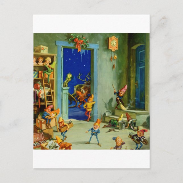 Cartes Pour Fêtes Annuelles Père Noël Elves dans son atelier sur la veille de  (Devant)