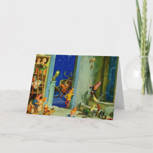 Cartes Pour Fêtes Annuelles Père Noël Elves Travaillant à son atelier sur le p
