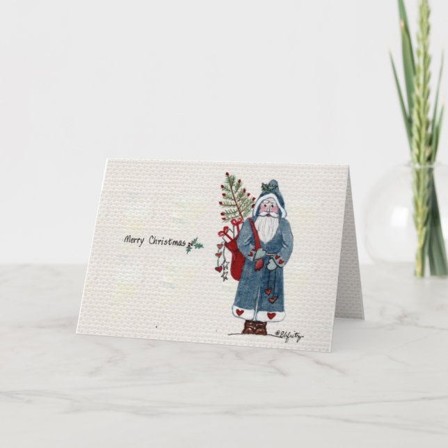 Cartes Pour Fêtes Annuelles Père Noël en manteau vert et sac (Devant)
