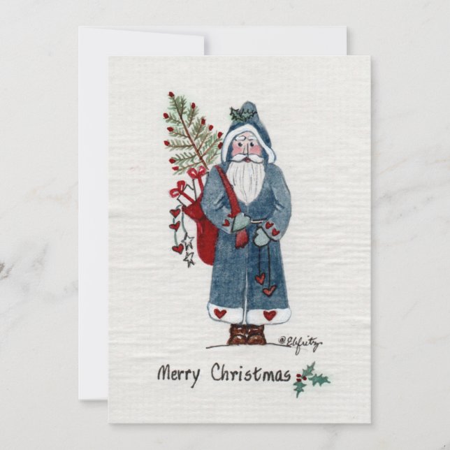Cartes Pour Fêtes Annuelles Père Noël en Manteau Vert Peint Tan Papier (Devant)