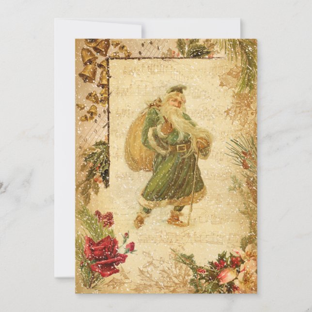 Cartes Pour Fêtes Annuelles Père Noël en Neige avec Roses & Musique (Devant)