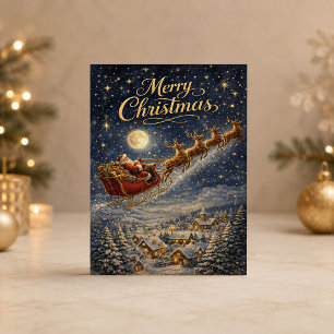 Cartes Pour Fêtes Annuelles Père Noël en or magique Nuit de Noël Ciel Joyeux N