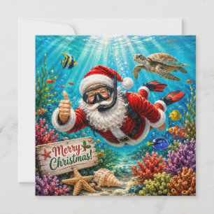 Cartes Pour Fêtes Annuelles Père Noël en plongée Noël sous-marin de Noël