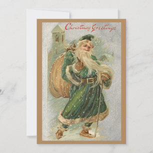 Cartes Pour Fêtes Annuelles Père Noël en robe verte vintage dans la neige