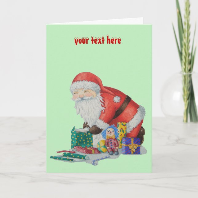 Cartes Pour Fêtes Annuelles père Noël enveloppant cadeaux et jouets pour Noël (Devant)