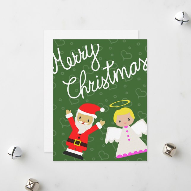 Cartes Pour Fêtes Annuelles Père Noël et ange vous souhaitent un joyeux Noël (Devant/Arrière en situation)
