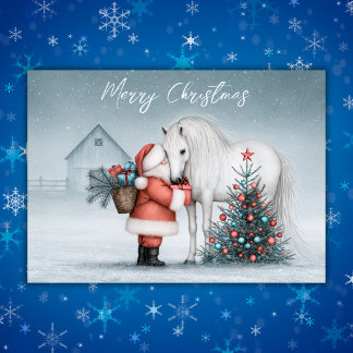 Cartes Pour Fêtes Annuelles Père Noël et Cheval Blanc Magique Noël d'Hiver de