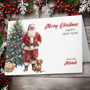 Cartes Pour Fêtes Annuelles Père Noël et chien teckel rouge Noël