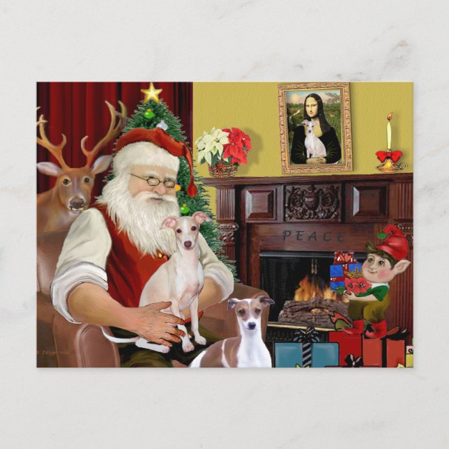 Cartes Pour Fêtes Annuelles Père Noël et deux Greyhounds italiens (Devant)