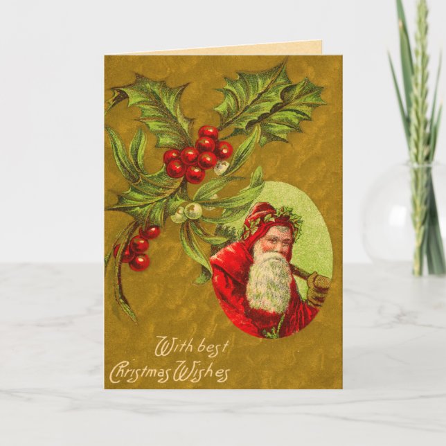 Cartes Pour Fêtes Annuelles Père Noël et Holly Christmas Card (Devant)