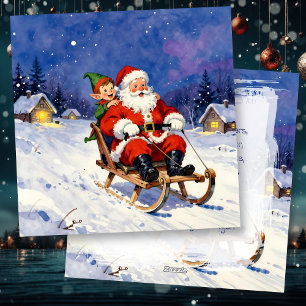 Cartes Pour Fêtes Annuelles Père Noël et lutin faisant de la luge la veille de