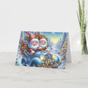 Cartes Pour Fêtes Annuelles Père Noël et Mme Claus à bord d'une voiture ancien