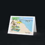 Cartes Pour Fêtes Annuelles Père Noël et Reindeer Beach vacances Noël<br><div class="desc">Carte de Noël humoristique. Dessin de Père Noël et de ses rennes pour des vacances ensoleillées sur la plage tropicale. La Clause du Père Noël sans chandelles dans les troncs de natation rouge survole les vagues. Un renne court avec une planche de surf. D'autres rennes bronzent ou lisent sur le...</div>