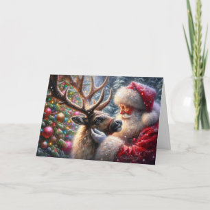 Cartes Pour Fêtes Annuelles Père Noël Et Reindeer, Forêt Neige, Arbre De Noël 