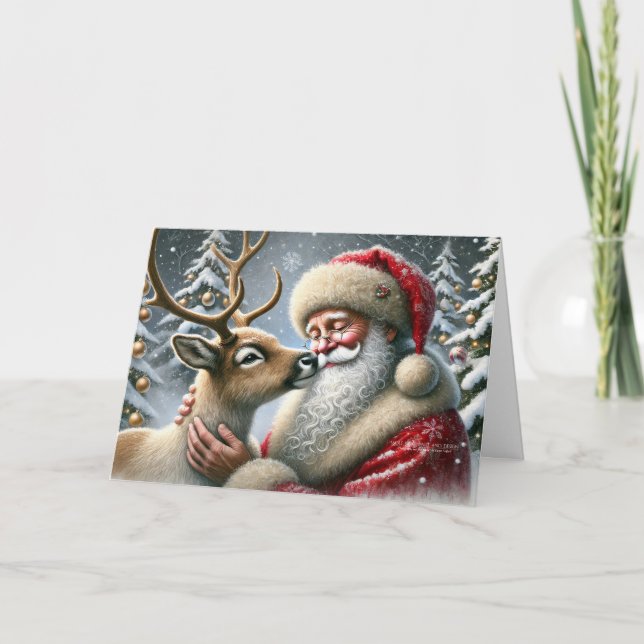Cartes Pour Fêtes Annuelles Père Noël Et Reindeer, Forêt Neige, Arbre De Noël  (Devant)