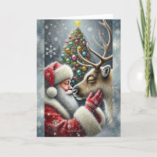 Cartes Pour Fêtes Annuelles Père Noël et Renne, Forêt enneigée, Sapin de Noël