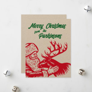 Cartes Pour Fêtes Annuelles Père Noël et rennes à la manière d'une gravure sur