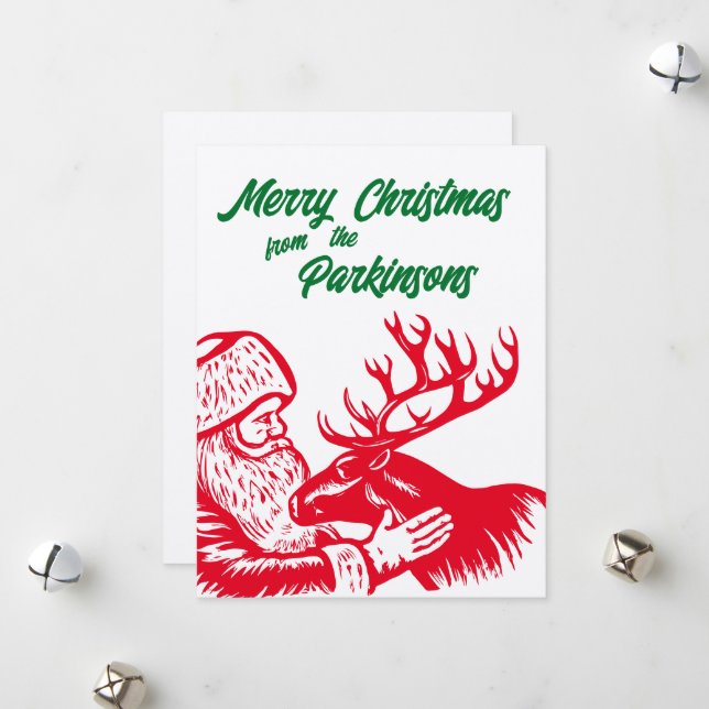 Cartes Pour Fêtes Annuelles Père Noël et rennes de gravure sur bois à l'ancien (Devant/Arrière en situation)
