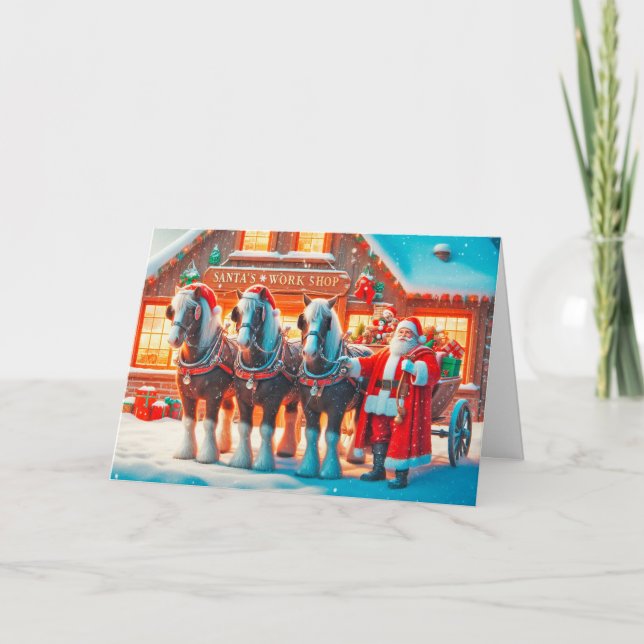 Cartes Pour Fêtes Annuelles Père Noël et ses chevaux debout devant son atelier (Devant)