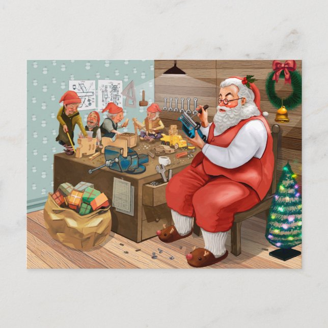Cartes Pour Fêtes Annuelles Père Noël et ses elfes dans l'atelier (Devant)