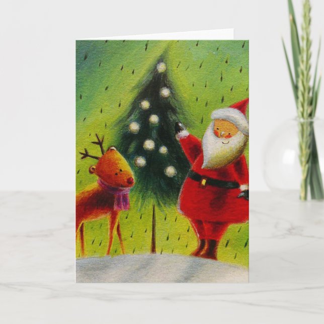 Cartes Pour Fêtes Annuelles Père Noël et son renne (Devant)