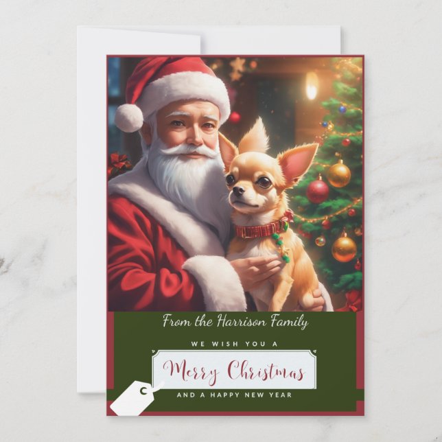 Cartes Pour Fêtes Annuelles Père Noël et un adorable Chihuahua (Devant)