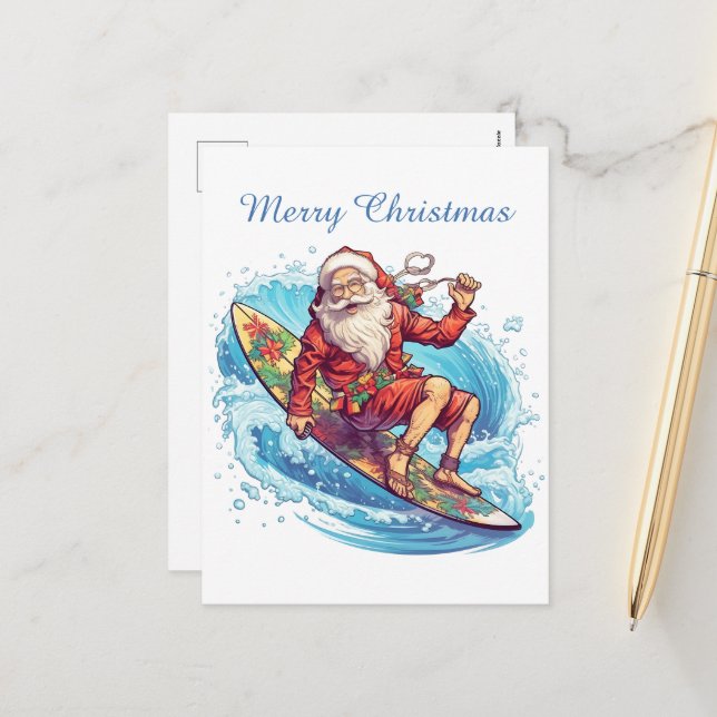 Cartes Pour Fêtes Annuelles Père Noël festif de surf de Noël ajouter du texte (Devant/Arrière en situation)