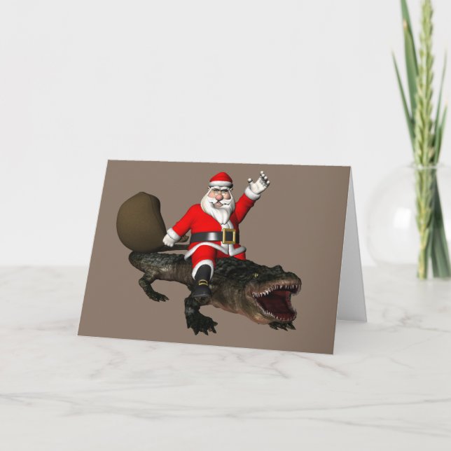 Cartes Pour Fêtes Annuelles Père Noël Festif Montant Un Alligator (Devant)