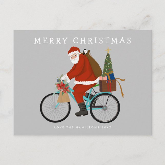 Cartes Pour Fêtes Annuelles Père Noël illustrée à vélo Couleur personnalisée (Devant)