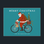 Cartes Pour Fêtes Annuelles Père Noël illustrée à vélo Couleur personnalisée<br><div class="desc">Illustration originale de Père Noël sur un vélo avec arrière - plan couleur personnalisé et option message/photo sur le dos. ©Becky Nimoy 2021</div>