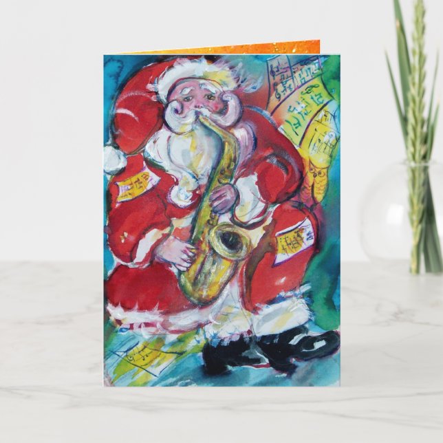 Cartes Pour Fêtes Annuelles PÈRE NOËL JOUER SAX, MUSIQUE NOËL Floral Or (Devant)