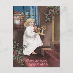Cartes Pour Fêtes Annuelles Père Noël Jouets Petite Fille Mignonne Houx