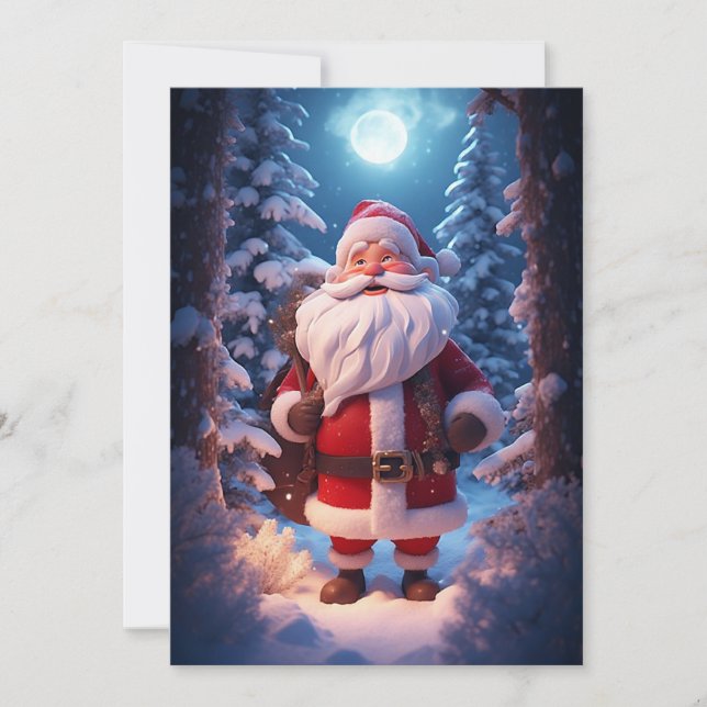 Cartes Pour Fêtes Annuelles Père Noël joyeux dans une forêt enneigée (Devant)