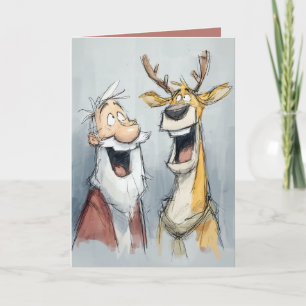 Cartes Pour Fêtes Annuelles Père Noël joyeux et rennes rient