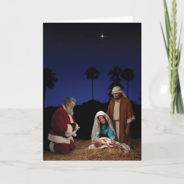 Cartes Pour Fêtes Annuelles Père Noël Kneeling à la crèche (Devant)