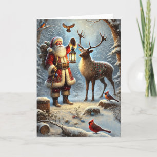 Cartes Pour Fêtes Annuelles Père Noël Lantern Reindeer Birds Snowy Forest 1