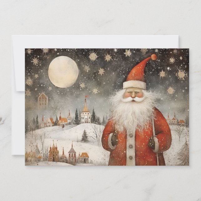 Cartes Pour Fêtes Annuelles Père Noël lunaire joyeux dans un village neigeux (Devant)