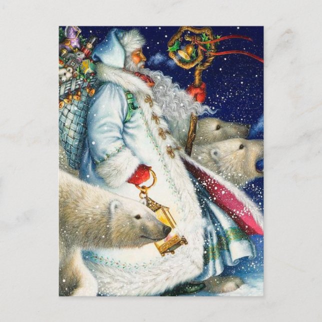 Cartes Pour Fêtes Annuelles Père Noël Marchant Avec Des Ours Polaires (Devant)