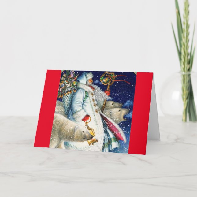 Cartes Pour Fêtes Annuelles Père Noël Marchant Avec Des Ours Polaires (Devant)