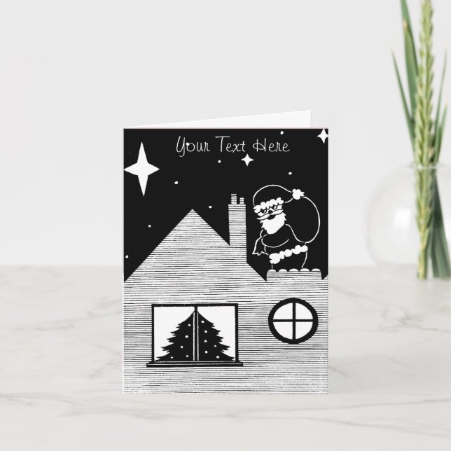 Cartes Pour Fêtes Annuelles Père Noël mignon avec le sac sur l'art noir et (Devant)