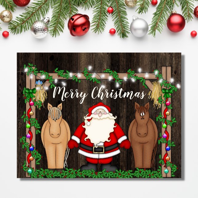 Cartes Pour Fêtes Annuelles Père Noël mignonne et Chevaux en Grange Joyeux Noë (Créateur téléchargé)