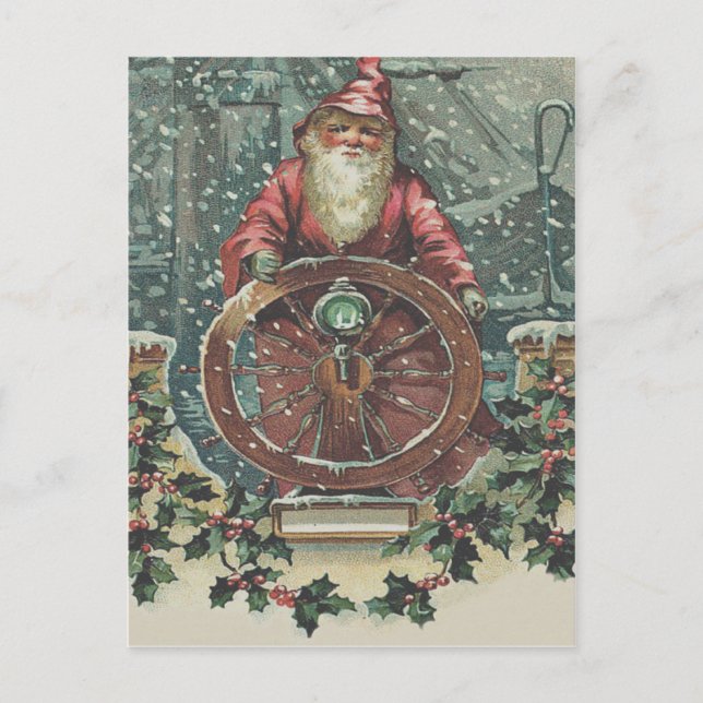 Cartes Pour Fêtes Annuelles Père Noël Navire Bateau Tempête de neige Holly (Devant)