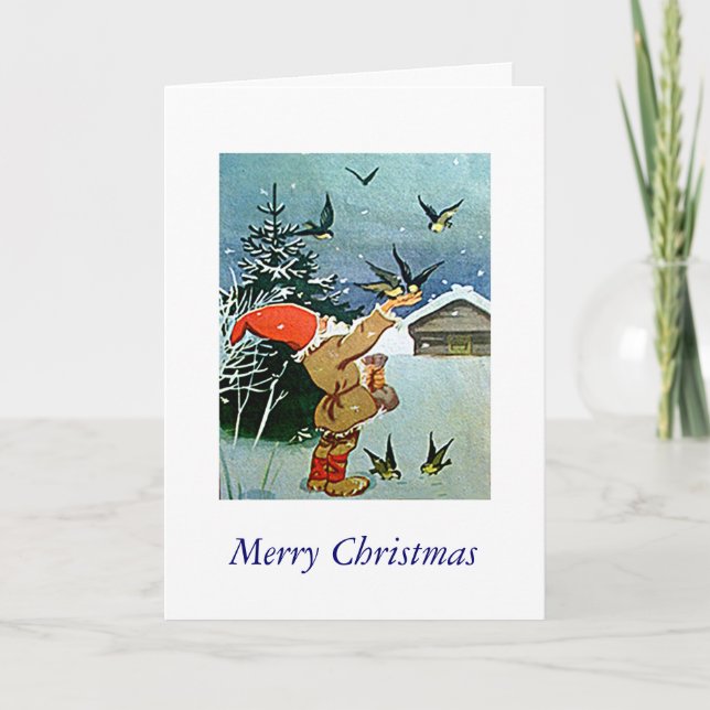 Cartes Pour Fêtes Annuelles Père Noël nourrissant les oiseaux à la main sur la (Devant)