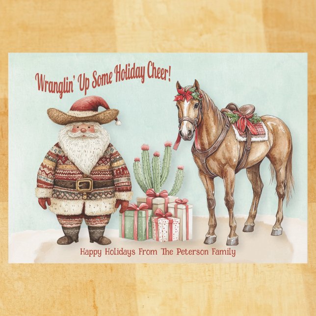 Cartes Pour Fêtes Annuelles Père Noël occidentale personnalisée (Western Santa watercolor card with cactus, horse, and gifts – Wranglin’ Up Some Holiday Cheer!

)