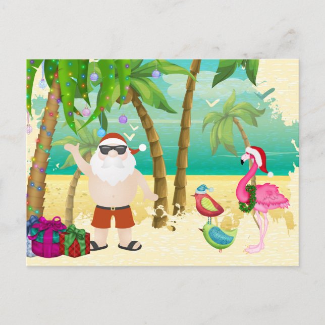 Cartes Pour Fêtes Annuelles Père Noël, oiseaux tropicaux, Noël de plage de (Devant)