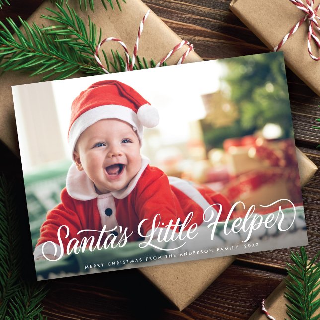 Cartes Pour Fêtes Annuelles Père Noël Petit Helper Script Baby Photo de Noël (Créateur téléchargé)