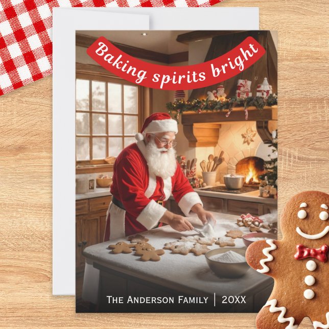 Cartes Pour Fêtes Annuelles Père Noël préparant des biscuits de Noël pour égay (A personalized Christmas card with picture of Santa baking gingerbread, with witty caption)