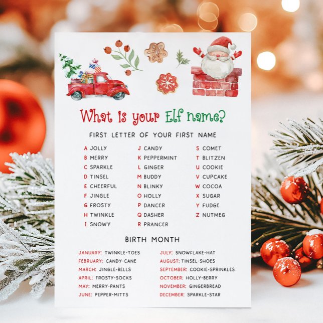Cartes Pour Fêtes Annuelles Père Noël Quel est votre nom de jeu d'elfe (Christmas Party Game )