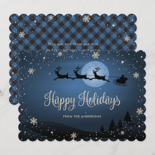 Cartes Pour Fêtes Annuelles Père Noël Renne Flocon de Neige Carreaux Bleus
