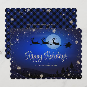 Cartes Pour Fêtes Annuelles Père Noël Renne Flocon de Neige Carreaux Bleus